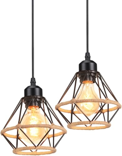 PETITES ECREVISSES 2 Stück Hängeleuchte Vintage Pendelleuchte Industrie Hängelampe Schwarz Metall Pendellampe 16CM Design mit Hanfseil Deckenleuchte E27 Für Wohnzimmer Café Restaurant