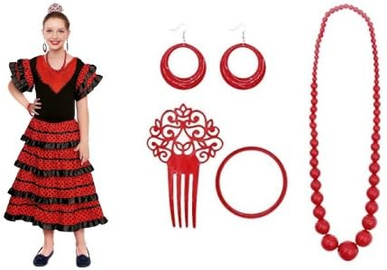 Robe sévillane pour fille avec accessoire peigne, collier et boucles d'oreilles, robe traditionnelle espagnole flamenco pour fille, costume flamand foire avril Séville performance danse (10 ans,