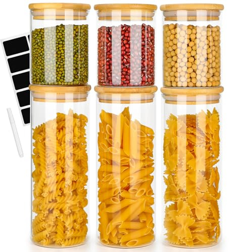 Otauoaea Juego de 6 tarros de cristal herméticos con tapa de bambú para pasta, cereales, frijoles, té y galletas (3 de 1000 ml + 3 de 500 ml)