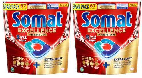 SOMAT 5in1 72 Excellence Premium Caps, 134 Caps (2x 72 Caps), schnellauflösende Spülmaschinentabs mit Extra Boost, Somat Caps entfernen selbst 72 h eingetrocknete, hartnäckige Essensreste