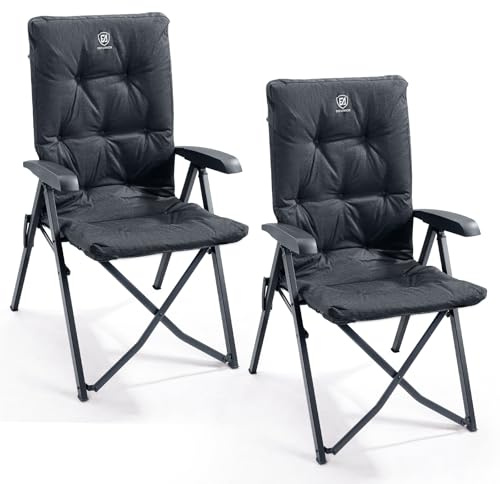 EVER ADVANCED Lyxiga campingstolar 2 set för vuxna, kraftig hög rygg, överdimensionerad hopfällbar trädgårdsstol, bekväm vadderad 6 cm, laddningsbar, 150 kg kamera, justerbara matstolar, 4-positioners