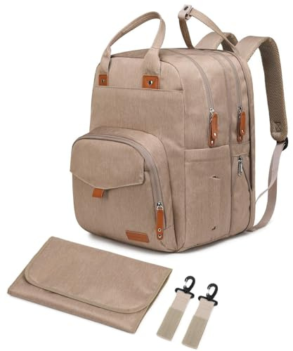 Qualyphant Extra großer Wickeltaschen-Rucksack für zwei Kinder, Zwillinge, erweiterbare Babytasche (26–36 l), zwei große Fächer, inklusive Wickelunterlage und Kinderwagengurten, Unisex, Premium-Khaki