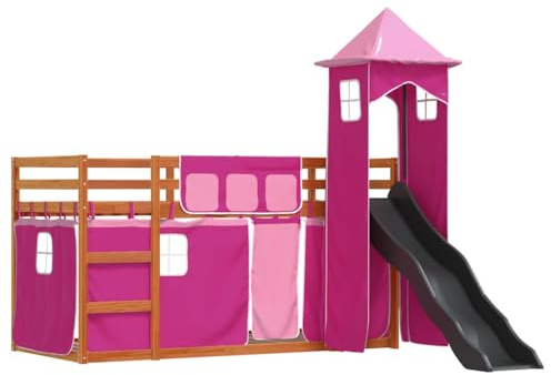 vidaXL Etagenbett mit Rutsche und Gardinen Rosa 90x200 cm