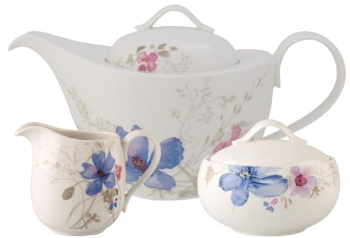 Villeroy & Boch Mariefleur Gris Basic Teezubehör-Set 3-teilig | Teekanne (1,2 l), Milchkännchen (270 ml) und Zuckerdose (370 ml) | Serviergeschirr mit Blumen-Dekor | Premium Porzellan | Weiß/Bunt