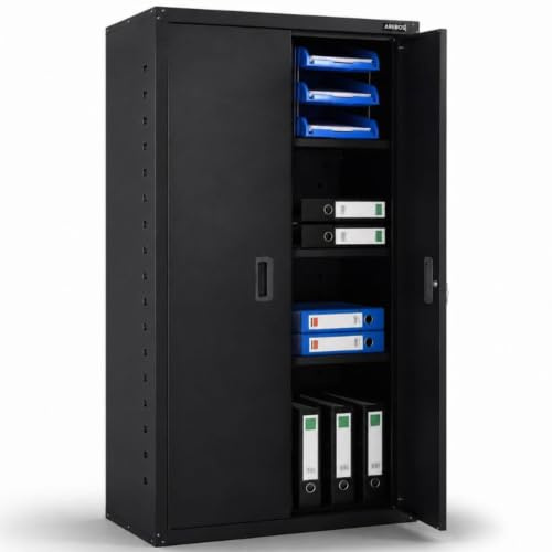 Arebos Armario archivador de oficina, 140 x 90 x 40 cm, 2 puertas, con 3 estantes ajustables en altura, con cerradura cilíndrica, color negro
