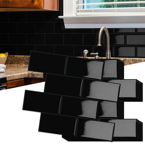 10-Piezas Grueso Azulejos Adhesivos Cocina, 3D Metro Blanco Adhesivo,Autoadhesivos Vinilo Baldosas Azulejos Adhesivos, Baldosa Cuarto de baño Pared (Negro, 32 x 27CM)