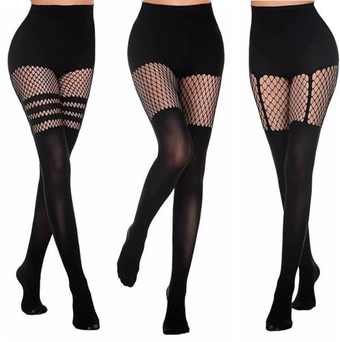 Makoto Nobu 3 Paia collant a rete da donna, calze a rete opache, Vita Alta Collant Fantasia Coprente Calzamaglia, Nero