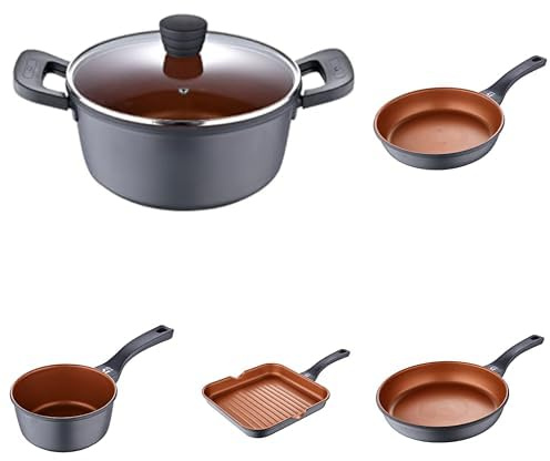 Pack SAN IGNACIO Bronze: Cacerola 24 cm, Sartenes 20 cm, 28 cm y Grill 28x28 cm, Cazo 16 cm | Antiadherente, Aluminio Fundido, Mangos Soft Touch | Distribución Eficiente del Calor