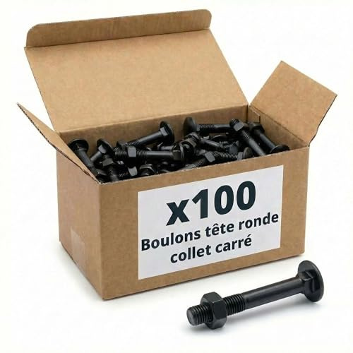 100 Boulons tête ronde collet carré DIN603/555 acier zingués Noir - diamètre 6,0 mm - Longueur 80 mm - Diamètre 6 mm