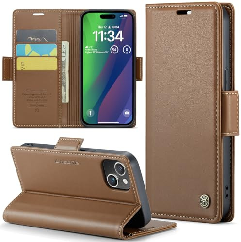 Rerzoiro fodral för iPhone 15 6,1, premium PU-läder telefonfodral med RFID-blockering, ställ, kortplats, magnetiskt skydd, flip bok plånboksfodral för iPhone 15, Brun