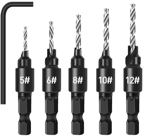 5PCS Countersink Drill Bit Set: Adjustable Woodworking Counterbore Drill Bit Set 3-In-1 HSS Countersink Bits for #5 6 8 10 12 Screws with 6mm 1/4 Hex Shank 1 Allen Wrench
