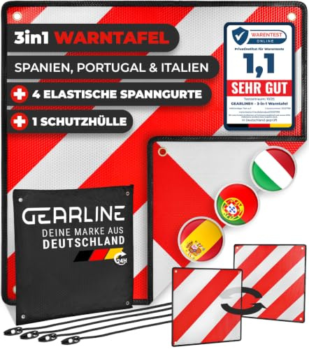 GEARLINE® 3-in-1 Warntafel für Italien, Spanien & Portugal [inkl. 4 Spanngurte & Schutzhülle] - Warnschild für Heckträger bei Reisen nach Spanien, Portugal & als optische Kennzeichnung für Italien