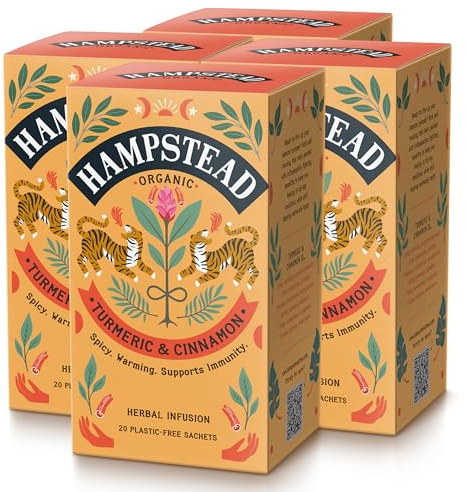 Hampstead Organic Turmeric & Cinnamon Tea Bags (4 x 20) Herbal Tea Infusion | With Turmeric Root, Cinnamon & Orange Peel, Spiced Flavour, Home-Compostable Bags