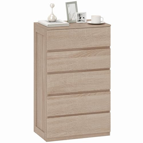 HOMCOM Cassettiera Camera da Letto 5 Cassetti, Comò Camera da Letto in Legno, per Soggiorno, Sala da Pranzo e Corridoio, 60x39x100 cm, Color Legno