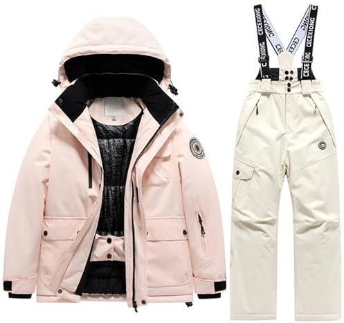 Combinaison de Ski Enfant Veste de Duvet à Capuche et Pantalons de Neige 2 Pièces Manches Longues Hivers Ensemble de Ski 2 Pièces Fille Garçon Pantalons de Ski et Doudoune à Capuche pour 3-10 Ans