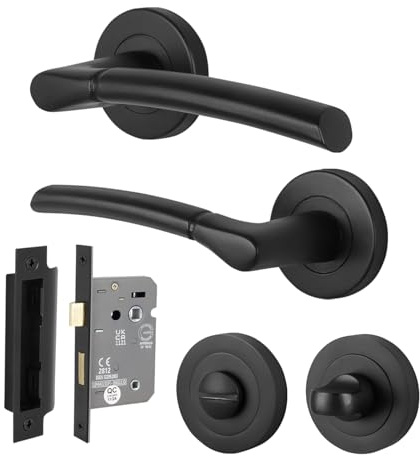 EAI Matt Black Door Handles with Bathroom Lock 64mm - Bova | Complete Bathroom Kit with 1 Pair of Lever on Rose Door Handles, 64mm Lock and Thumb Turn Set, Fixings Included