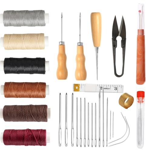 Kit de costura de cuero con 6 rollos de hilo encerado y punzón | Herramienta de costura completa para reparación de cuero | Incluye agujas, tijeras, cinta métrica, dedal | Para tapicería, zapatos