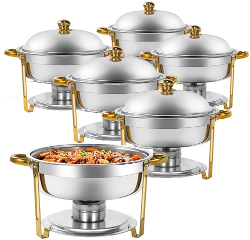 Jacgood 6 Pack Gold Chafing Dish Buffet Set, 5.5L Stainless Steel Food Warmer for Catering Parties Weddings and Events