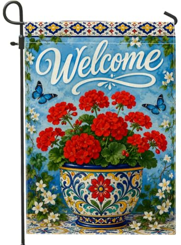 Bandiera da giardino con gerani, fiore di benvenuto con farfalla rossa primaverile su entrambi i lati, piccola bandiera da giardino per esterni, portico, prato, patio, terrazza, 30,5 x 45,7 cm