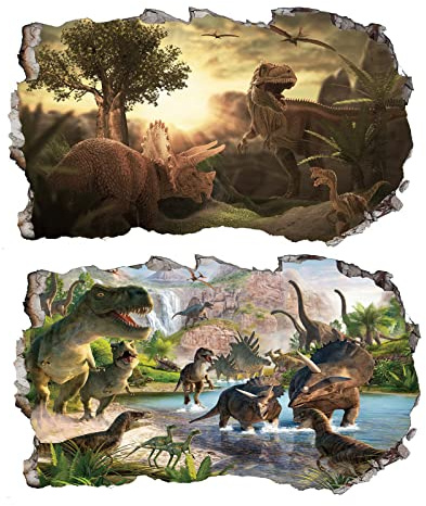 2Pcs Dinosaurier Dino Urzeit T-rex Wandtattoo 3D Effekt Wandsticker XXL Wanddurchbruch Tiere Fenster Wandaufkleber für Kinderzimmer Jungenzimmer Groß 1000mmx580mm v08