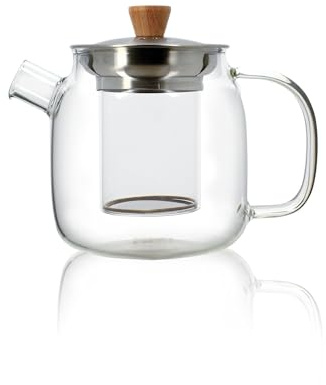 OGO LIVING 7912001 Teekanne aus Borosilikatglas mit Edelstahldeckel, 680 ml, Edelstahl, durchsichtig