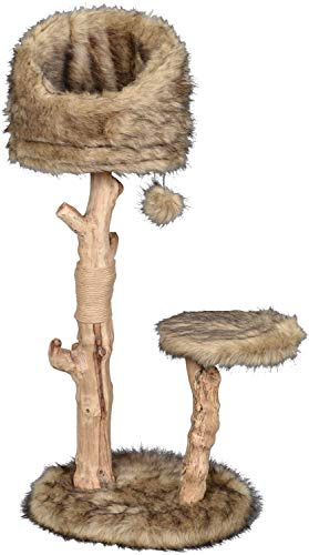 dobar® 35291FSCe Design Kratzbaum Sunny 2 Etagen - Echtholz Kratzmöbel für Katzen - Krallenpflege mit Jute - Katzenbaum mit Naturholzstamm inkl. Plüschbezug & Spielball - 50 x 40 x 99-109 cm - Braun