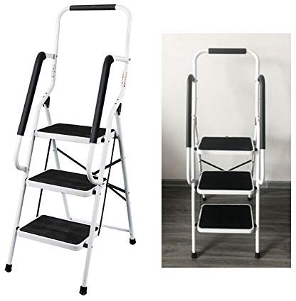 Escabeau pliant en acier 3 marches avec main courante Sécurité pliable Escabeau portable Facile à ranger, Charge maximale 150 kg