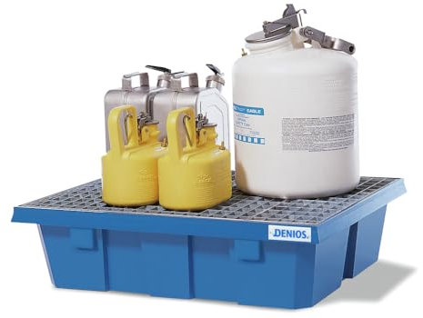 Denios Auffangwanne aus Kunststoff | mit verzinktem Gitterrost | blau | BxHxT 645 x 210 x 795 mm | Volumen 60 Liter | Arbeitssicherheit Notfall-Umweltschutz-Produkte säurefest