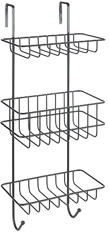 WENKO Duschregal Revigo, Badezimmerregal zum Einhängen an die Duschkabine mit drei viereckigen Ablagen in offenem Drahtkorb-Design, befestigen ohne Bohren, aus Stahl, 22,5 x 57 x 18,5 cm, Schwarz