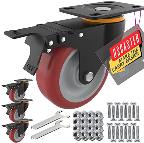 UScaster Ruedas giratorias de 10cm, juego de 4 ruedas giratorias resistentes de 636kg, 4 ruedas industriales de freno AB con tornillos y 2 llaves para banco de trabajo y muebles