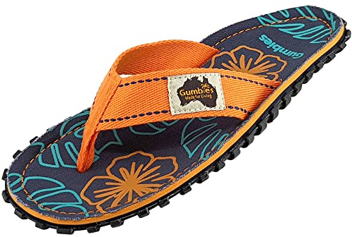 Gumbies Islander Unisex Flip Flops, with Supersoft Cotton Toe Post and Durable Recycled Rubber Sole - Comfort - Orange Hibiscus 9 UK