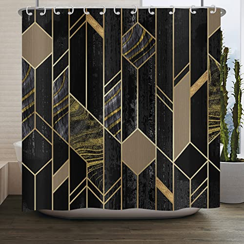 ASDCXZ Rideau de douche - Marbre noir doré - 180 x 180 cm - Moderne et léger - Ligne dorée - Aspect marbre - Lavable - Textile polyester imperméable - Pour baignoire - Avec 12 crochets