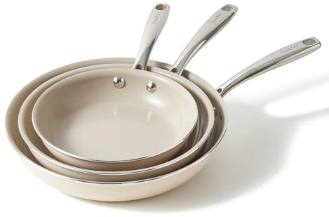 Set de 3 Poêles à revêtement céramique pour induction 20/24/28 cm Pour tous les types de plaques de cuisson - Sans PTFE - Sans PFAS - Sans PFOA, Passe au four et au lave-vaisselle - Beige