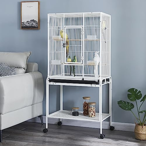 Panana Large Bird Cages Parrot Cage Wide Flight Metal Animal Cage for Budgie Parakeet Conure With Rolling Stand Wheels (White, 62L x 43W x 136H)