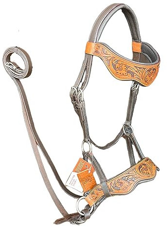 AMAZING HORSE STUFF Zaumzeug aus echtem Leder, zweifarbig, gebisslos, gewelltes Stirnband und Nasenriemen, Edelstahlbeschläge, weiche Kuhlederpolsterung, antikes Zaumzeug (voll, natürlich und braun)