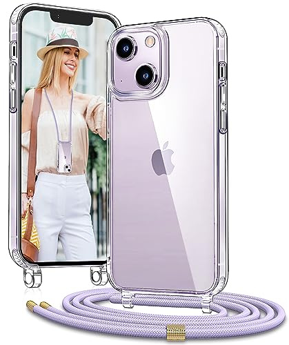 Vaykwo Handykette für iPhone 14 und iPhone 13 Hülle mit Band, Lila | Necklace Handyhülle, Transparente Case zum Umhängen, Verstellbar und Abnehmbar