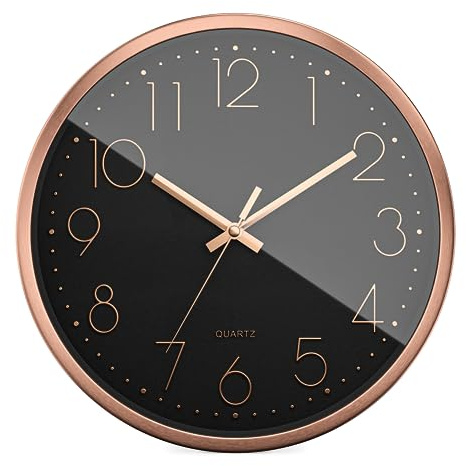 Mebus Quarzwanduhr | Leisegangwerk ohne Tick-Tack Geräusch | Aluminiumrahmen | arabisches Zifferblatt | 3D Ziffern | Aluminium Zeiger I 30 cm, Rose/Schwarz