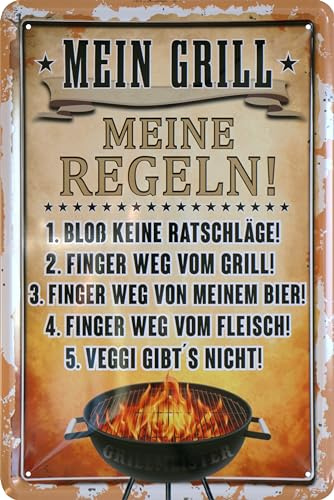 WOGEKA ART Retro Blechschild - Mein Grill Meine Regeln - lustiger Spruch als Geschenk-Idee für Grill-Fans zur Deko, 20 x 30 cm, aus Metall im Vintage Design 09