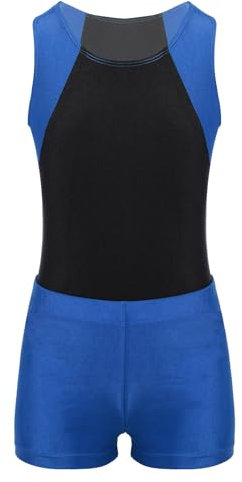 inlzdz Kinder Jungen Gymnastikanzug Zweiteiler Trikot Bodysuit Jumpsuit mit Shorts Set Yoga Leotard Tanzbody Sportshorts Turnanzug für Gymnastik Yoga Blau 122-128