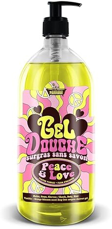 Gel Douche Surgras sans savon Peace and Love - 1L Les Petits Bains de Provence, Senteur Vanille et Fleur d'Oranger, Série Limitée HAPPY, Hydratation, pH Neutre