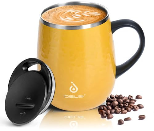Ideus Kaffeebecher 470 ml (16 oz), doppelwandige vakuumisolierte Kaffee- und Teetasse aus Edelstahl mit rutschfestem Griff und Schiebemoduldeckel und großem Volumen (Leopard Gelb)