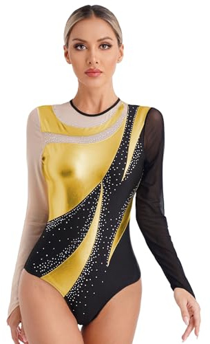 Freebily Body da Ginnastica per Donna Strass Leotard da Danza Classica Moderna Manica Lunga Abito da Pattinaggio Artistico Balletto Body da Ballo Latino Jazz Allenamento Oro C S