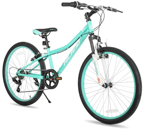 HILAND 24 Inch Kids Mountain Bike, 7 Speed Youth MTB Bicycle, Mountain Bicycle for Boys Girls, Suspension Fork V-brakes, Black/Blue/Mint Green/Pink