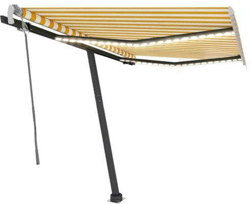Bulliing Tenda da Sole Retrattile Manuale LED 350x250 cm Gialla e Bianca,Tenda da Sole per Esterno Avvolgibile,Tenda da Sole a Bracci Estensibili con Telaio in Alluminio, Tettuccio Resistente al Sole