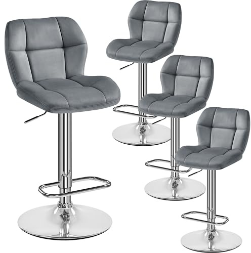 Yaheetech Barhocker 4X Höhenverstellbar Barstühle mit Samt-Bezug Dunkelgrau | 360°Drehbar Küchenstühle, mit Rückenlehne und Fußstütze, Sitzhöhe 62,5 cm - 84,5 cm, für die Küche