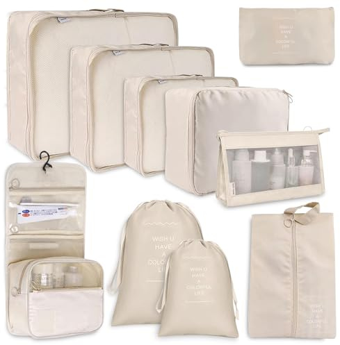 NINGESHOP Lot de 10 Organiseurs de Bagage pour Voyage,Imperméable,sac compression voyage,Rangement Valise,Organisateur Valise Packing Cubes,Sacs de Rangement pour Cosmétiques,Organisateur de Voyage