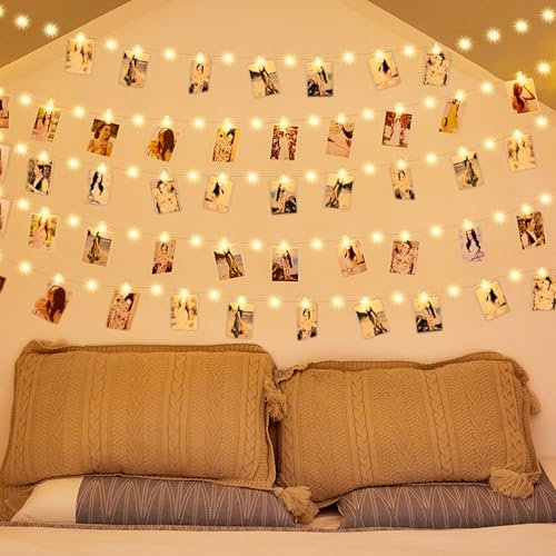 Neonawall Photo Clips Fairy String Lights, 120 LED Photo Clip String Lights 12M Battery Powered Copper Wire Fairy Lights with 60 Clips and Picture Card Hanging Pegs for Birthday Wedding Bedroom Party