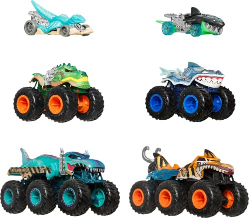 Hot Wheels Monster Trucks Sharks vs. Dinos Multipack, 8 Toy Vehicles | Includes Mega-Wrex & Tiger Shark Big Rigs, Great Bite & Rageasaur Monster Trucks plus Veloci-Racer & Shark Bite Cars