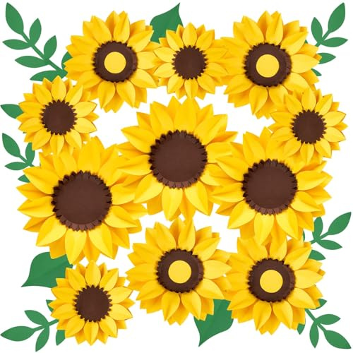 EASY JOY 11Pcs Sunflower Decorations for Wall 3D Large Artificial Sunflower Yellow Paper Flowers with Green Leaves for Baby Showers Birthday Home Summer Garden Afternoon Tea Bee Party Decorations