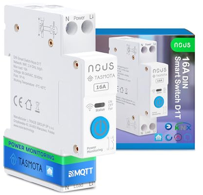 Nous Interrupteur intelligent DIN 16A avec Tasmota (ESP32), surveillance d'énergie, compatible avec MQTT, Home Assistant, Matter, commande vocale avec Alexa, Google Assistant